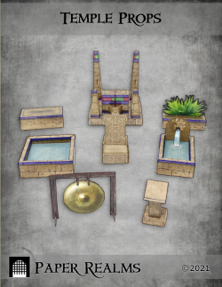 Papercraft temple props including a podium, throne, altars, pools and a gong