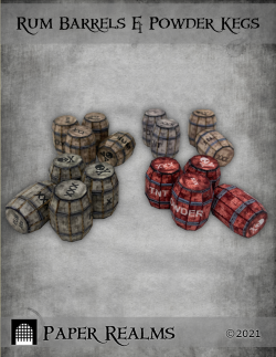 Papercraft rum barrels and powder kegs