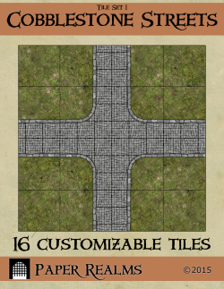 Papercraft tiles of cobblestone streets surrounded by grass